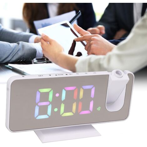 LED-Projektionswecker mit Acrylspiegel und großem Display – Dynamische RGB-Farbverlaufsprojektion – Mehrere Alarme – Automatische Dimmfunktion – Weißes ABS