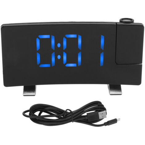 LED-Projektionswecker mit gebogenem Bildschirm, elektronische Digitaluhr mit blauer Anzeige auf schwarzem Gehäuse