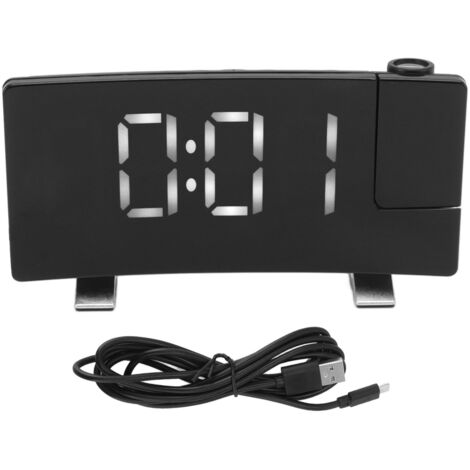 LED-Projektionswecker mit gebogenem Bildschirm, elektronische Digitaluhr mit weißem Display auf schwarzem Gehäuse