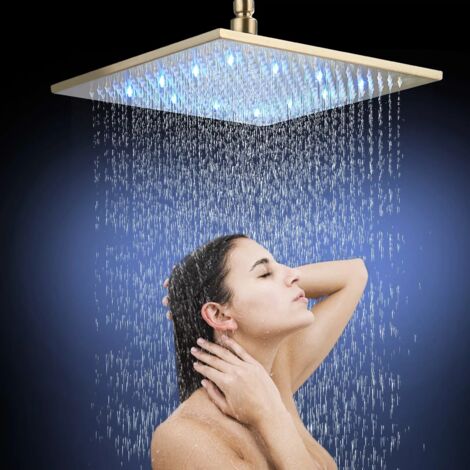 ZAMERY LED Rainfall Shower Head 16 inch Large Square Brass Showerhead 3 Color Changing Faucet Brushed gold Bronze Finish
