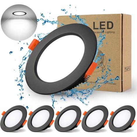 Led Recessed Spot Black Extra Flat, 5 Pack 5W 500LM = 50W Incandescent, IP44, Cool White 6000K, AC 220-240V, Cutout 70-80mm, Round Recessed Ceiling For Bathroom, Kitchen, Living Room, Hallway