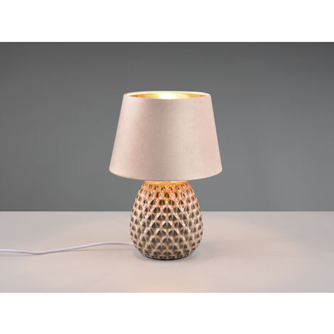 LED Retro Tischleuchte mit Samtschirm in Beige/Gold, Höhe 35cm