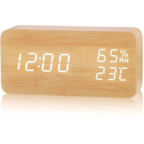 LED Réveil Électronique en Bois, Horloge Numérique avec 3 Réglages d'Alarme, Numérique Réveil Alimenté par USB Affichage de l'Heure, de la Température et de l'Humidité,12/24 Heure