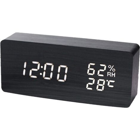 LED Réveil Électronique en Bois Réveil Numérique Bois Horloge cubique,de la Température et de l'Humidité,12/24 Heure ，Port de Recharge USB, par Batterie (Rectangle Noir)
