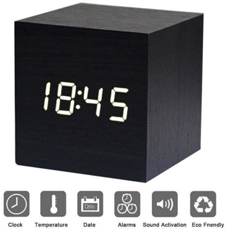 LED Réveil en Bois Réveil numérique en bois, Horloge Digital Cube avec Activation Vocale- noir