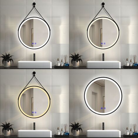 LED Rund Spiegel Badspiegel mit Beleuchtung Badezimmer Spiegel mit Beschlagfrei 3 Lichtfarbe dimmbar Speicherfunktion Wandspiegel mit Touch-Schalter und Wand-Schalter Abnehmbarer Gürtel 80x80cm