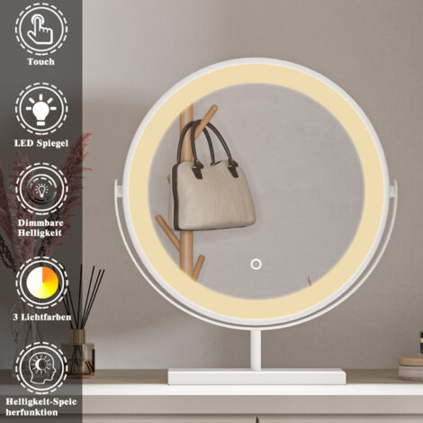 LED runde Arbeitsplatte Make-up Spiegel Touchschalter Helligkeit einstellbar Kosmetikspiegel Winkel einstellbar CE 42x50x10cm Gestell aus mattem Eisen weiß