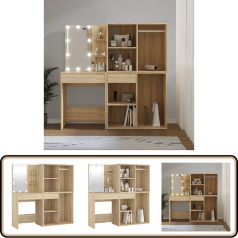 LED-Schminktisch mit 2 Schränken Sonoma-Eiche Holzwerkstoff - LED-Schminktisch - Schminktisch Mit Schubladen - Kosmetikschreibtisch - Makeup Tisch - Badezimmer Möbel