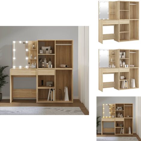 LED-Schminktisch mit 2 Schränken Sonoma-Eiche Holzwerkstoff - LED-Schminktisch - Schminktisch Mit Schubladen - Kosmetikschreibtisch - Makeup Tisch - Badezimmer Möbel