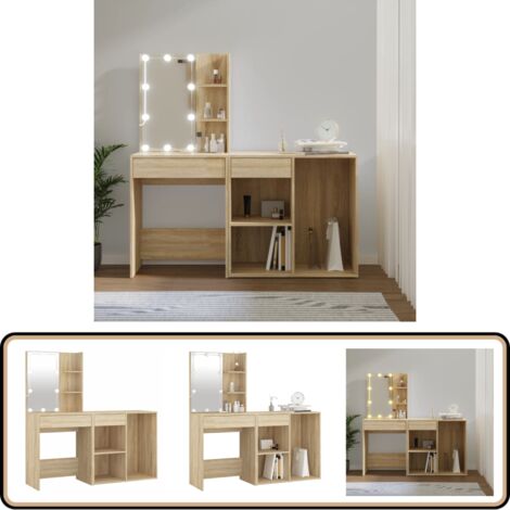 LED-Schminktisch mit Schrank Sonoma-Eiche Holzwerkstoff - LED-Schminktisch - Schminktisch Mit Schrank - Kosmetiktisch - Makeup Tisch - Badezimmer Möbel