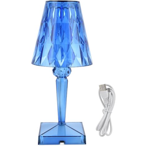 LED-Schreibtischlampe mit klarem Kristallprisma, dimmbares Licht mit USB-Ladefunktion, blaue Innenbeleuchtung