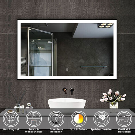LED Schwarzer Rahmen Badspiegel mit Warm/Neutral/Kaltweiß Dimmbar Memory Spiegel mit Beschlagfrei 100X60cm