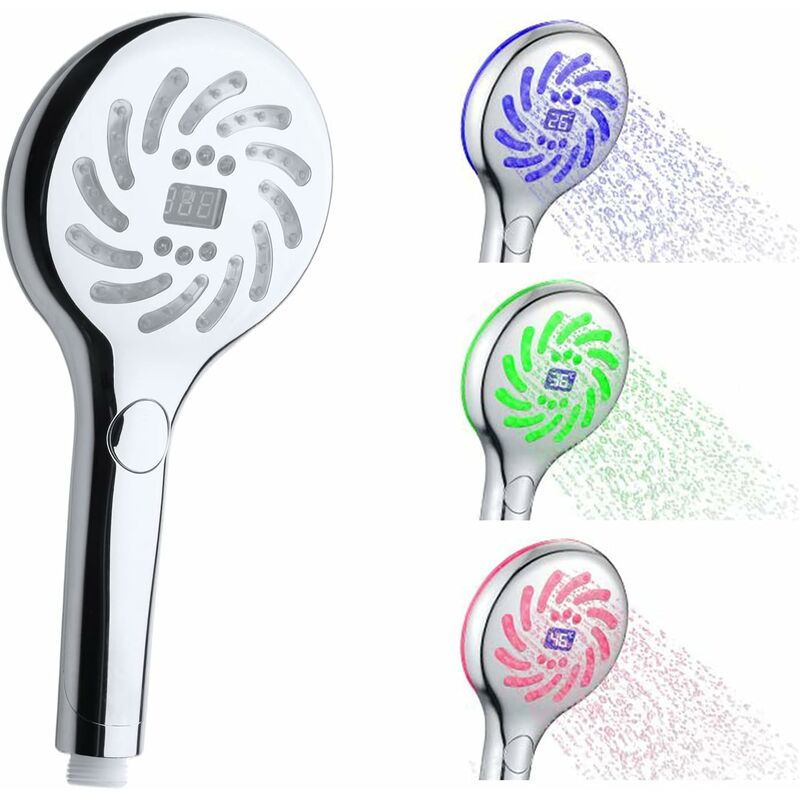 Led Shower Head, led Shower Head with lcd Digital Temperature Display, 3 Colors Changing Shower Head, Chrome Handheld Shower Large 126mm, 3 Shower