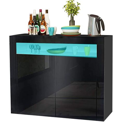 LED Sideboard Cabinet - Storage Cupboard unit with Matt Body & High Gloss Front for Dining Room Living Room (Black 2 Doors)