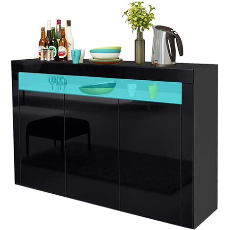 LED Sideboard Cabinet - Storage Cupboard unit with Matt Body & High Gloss Front for Dining Room Living Room (Black 3 Doors)