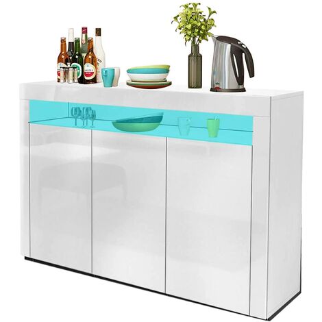 LED Sideboard Cabinet - Storage Cupboard unit with Matt Body & High Gloss Front for Dining Room Living Room (White 3 Doors)