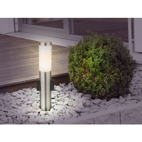LED Sockelleuchte aus Edelstahl in Silber mit zwei Steckdosen, Höhe 45cm