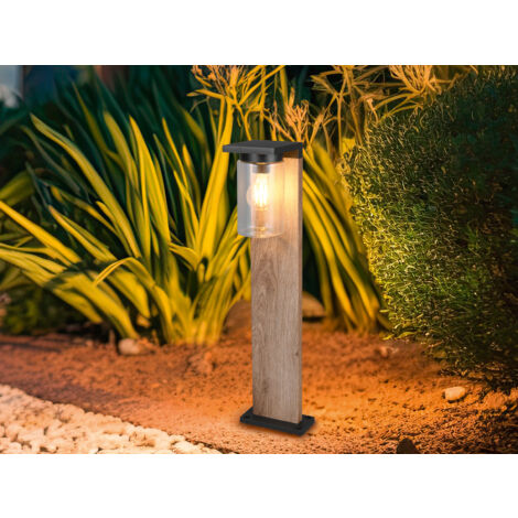 LED Sockelleuchte Laterne in Schwarz & Holzoptik mit Glasschirm, Höhe 65cm