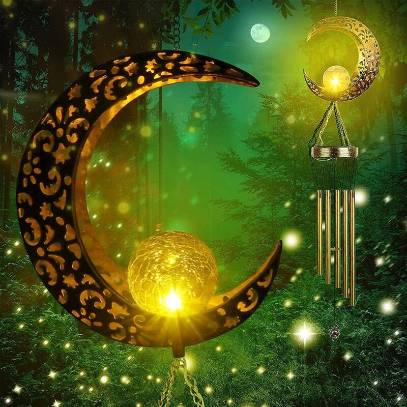 Led Solaires Carillons Éoliens pour Jardin, Carillons de Vent de Lune Lampes Solaires D'extérieur en Métal pour Jardin, Fête, Patio, Véranda,