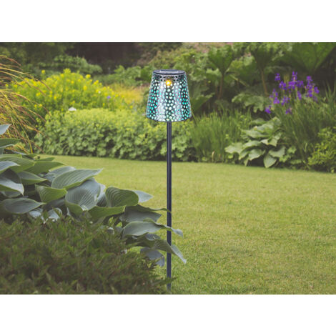 LED Solar Erdspießleuchte mit Dekorstanzungen in Silber-Blau, Höhe 70cm