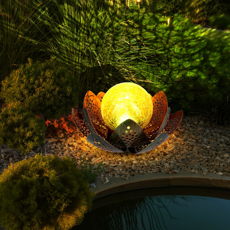 Image of LED solare fiore di loto lampada deco palla crackle vetro esterno giardino faretto fiore terrazza balcone luce verde-oro