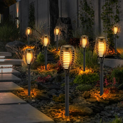 LED Solarfackeln für Außen flackernd Balkon Gartendeko Stecklampen Solar Gartenfackel, Kunststoff schwarz, Feuereffekt warmweiß, H 50 cm, 8er Set