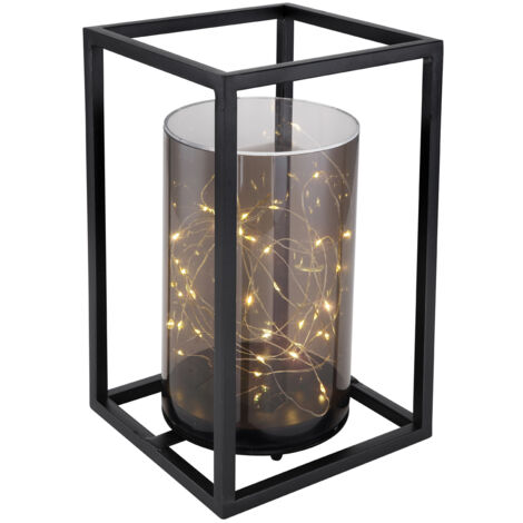 LED Solarlaterne mit rauchfarbigem Lampenschirm & Metallkäfig, Höhe 28cm