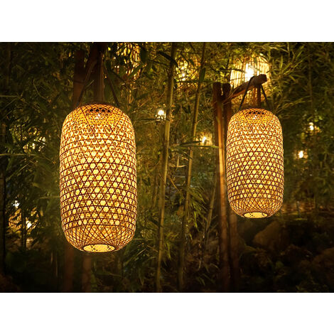 LED Solarlaternen 2er SET hängend aus Bambus Korbgeflecht Höhe 56,5cm