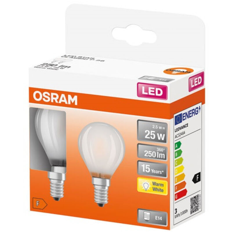 Osram Led Sphärischer Glas Poliert 2, 5w E14 250lm 2700k Warmlicht X2 - Ledvance Gp