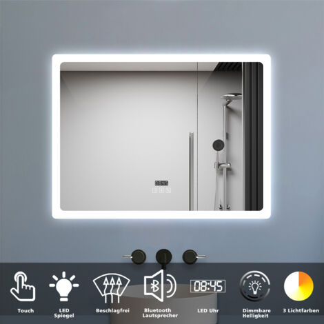 LED Spiegel 100x60cm mit Uhr Bluetooth Warmweiß Neutralweiß Kaltweiß Dimmbar Beschlagfrei Badspiegel mit Speicherfunktion CE IP44
