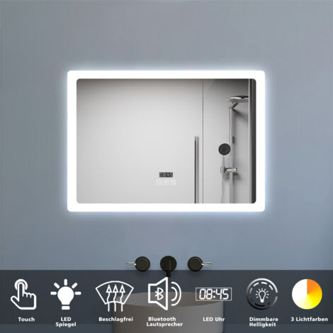 LED Spiegel 70x50cm mit Uhr Bluetooth Warmweiß Neutralweiß Kaltweiß Dimmbar Beschlagfrei Badspiegel mit Speicherfunktion CE IP44