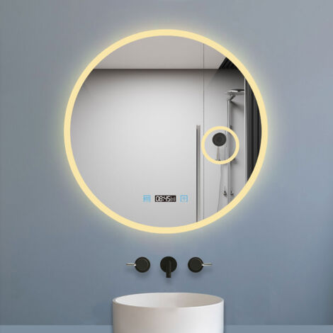 LED Spiegel Badspiegel mit Beleuchtung Badezimmer Spiegel Rund mit Beschlagfrei 3 Lichtfarbe dimmbar Wandspiegel mit Touchschalter 80x80cm Uhr 3x Lupe Speicherfunktion