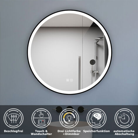 LED Spiegel mit Beleuchtung 70cm Rund 3 Lichtfarbe dimmbar Speicherfunktion Badezimmerspiegel mit Beschlagfrei Touch- und Wandschalter schwarzer Rahmen