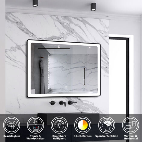 LED Spiegel Schwarzer Rahmen Badspiegel mit Warm/Neutral/Kaltweiß Dimmbar Speicherfunktion Touch/Wandschalter Beschlagfrei Wandspiegel Design mit abgerundeten Ecken 80X60cm