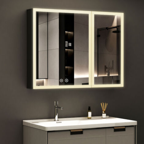 LED Spiegelschrank Bad mit Beleuchtung 80 x 60 cm, Spiegelschrank Bad-Hängeschränke Badezimmer Spiegelschrank mit Touch-Schalter, 3 Einstellbare Lichtfarben, Beschlagfrei