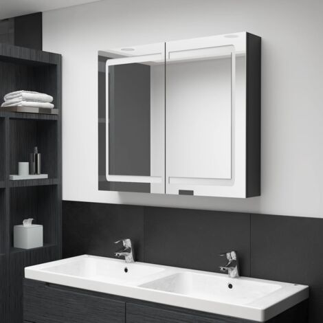 LED-Spiegelschrank, Badschrank mit Spiegel, Badezimmerschrank fürs Bad Glänzend Schwarz 80x12x68 cm KLI20920 BonneVie