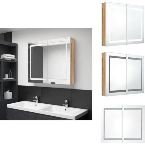 LED-Spiegelschrank fürs Bad Weiß und Eichen-Optik 80x12x68 cm - LED-Spiegelschrank - Badezimmermöbel - Spiegelkommode - Wandspiegel - Make-up-Spiegel