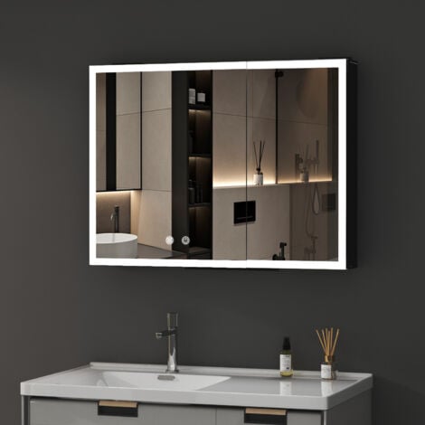 BOROMAL LED Spiegelschrank mit Beleuchtung 80x60x12,5cm Badezimmerschrank, Bad Metall Badschrank Spiegel Kabinett mit 3-Farben Dimmbar, Beschlagfrei, 2 Glasablage, Schwarz