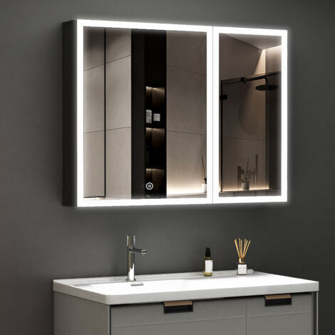 LED Spiegelschrank mit Beleuchtung 80x60x12,5cm Badezimmerschrank, Bad Metall Badschrank Spiegel Kabinett mit 3-Farben Dimmbar, Touch