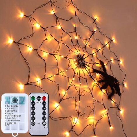 LED-Spinnennetz-Lampe, Stimmungslicht für den Innenbereich, Halloween-Dekoration, warmweiß, wasserdicht, batteriebetrieben, mit Fernbedienung