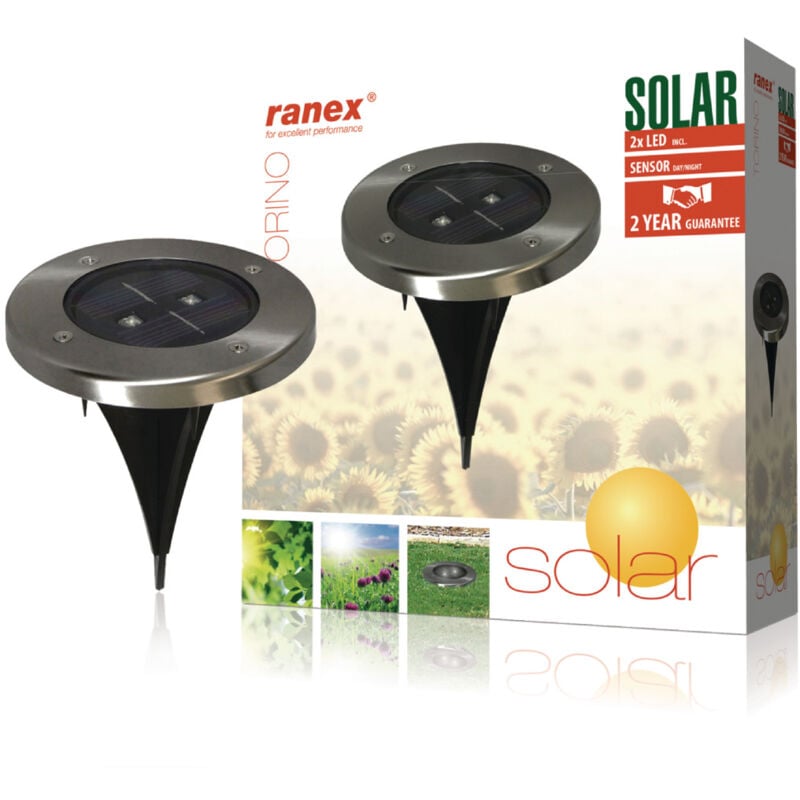 Ranex - Ra-5000389 Spot solaire rond à led en acier inoxydable brossé et verre