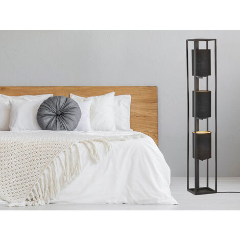LED Stehlampe 3-flammig Schwarz Stoffschirme innen Gold, Höhe 130cm