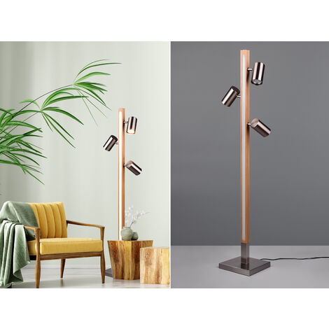 LED Stehlampe Holz / Silber matt, 3 Spots schwenkbar, Höhe 130cm