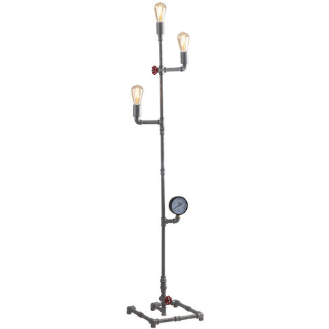 LED Stehlampe im Industriedesign 3-flammig Wasserrohr Optik, Grau antik
