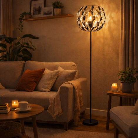 LED Stehlampe Schwarz Gold Stehleuchte Wohnzimmerlampe Blätter Design Kristalle, 7W 806lm warmweiß, DxH 40x157 cm