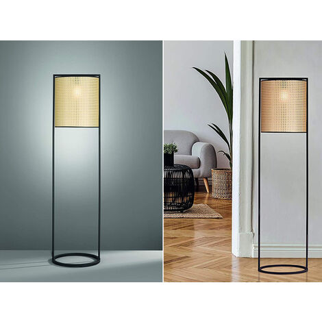 LED Stehlampe Schwarz mit Lampenschirm rund Rattan Optik, Höhe 150cm