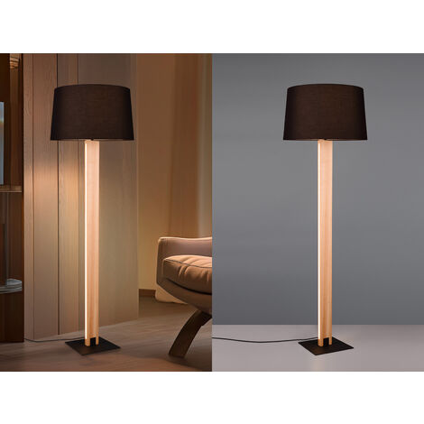 LED Stehleuchte mit beleuchtetem Holzkorpus und Stoffschirm, H: 150cm