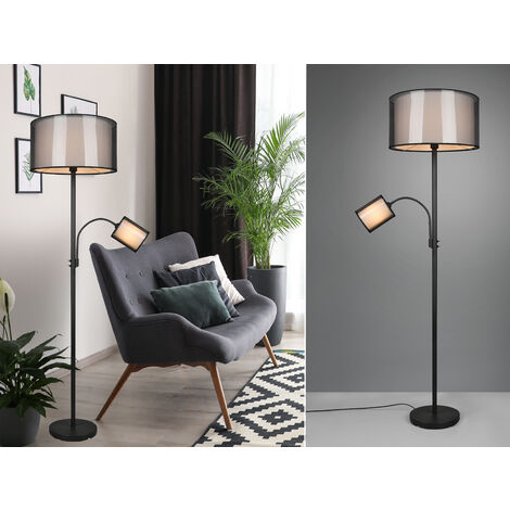 LED Stehleuchte mit Leselicht & Stoff Organza Schwarz innen Weiß, 174cm