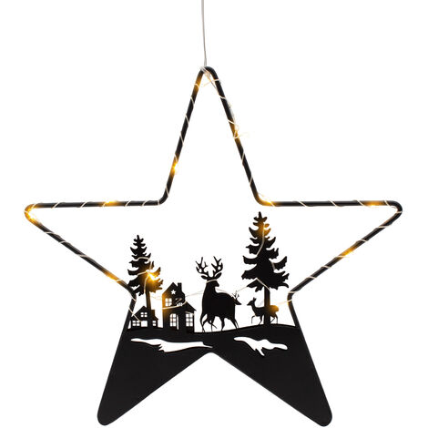 LED Stern Silhouette schwarz mit Weihnachts Motiv - 30 cm - Deko Aufhänger mit 14 LED in warm weiß beleuchtet - Schattenbild Winter Szene Weihnachtsdeko Solhouettenbild