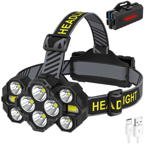 LED-Stirnlampe, 10.000 Lumen, wiederaufladbar, 10 LEDs, 10 Modi, IPX4, wasserdicht, 90° verstellbar, Freisprech-Stirnlampe für Camping, Radfahren, Nachtaktivitäten, Schwarz